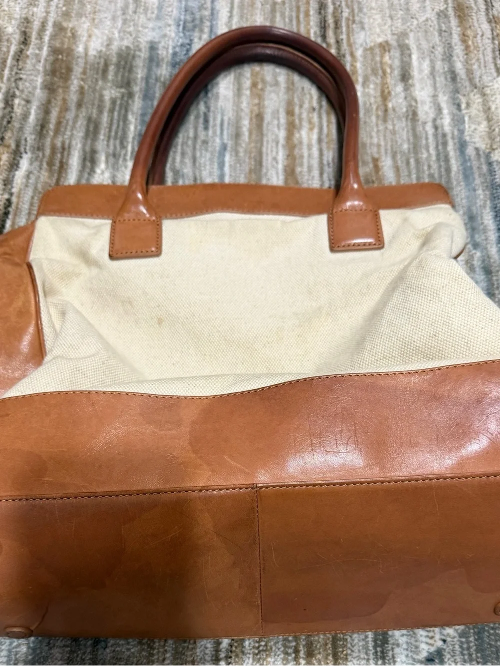 Tory Burch Cream Canvas and Tan Leather Tote